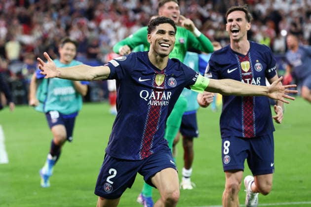 Achraf Hakimi of PSG celebrates after winning the 2025 2026 Champions League Final football match between Paris Saint Germain and Arsenal FC on penalties at Puskas Arena stadium in Budapest (Hungary), May 30th, 2026. CesarexPurini