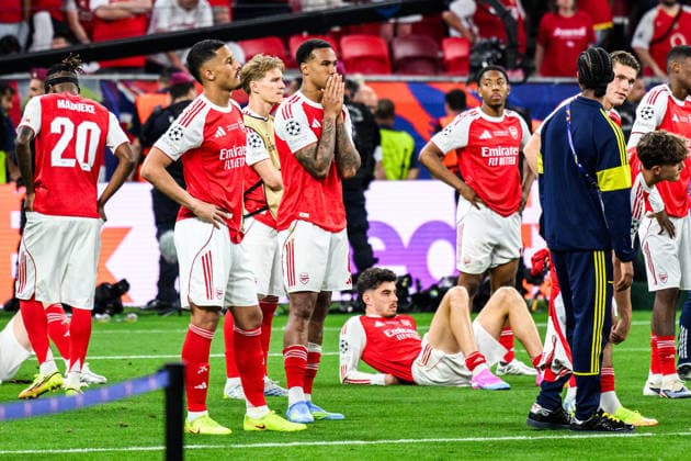 260530 Players of Arsenal looks dejected the UEFA Champions League final match between Paris Saint-Germain and Arsenal on May 30, 2026 in Budapest. Photo: Maxim Thore BILDBYRAN kod MT MT1056 fotboll football soccer fotball uefa champions league champions league paris saint-germain arsenal bbeng depp Copyright: MAXIMxTHORE BB260530MT226