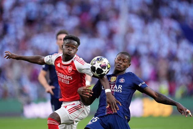 May 30, 2026, Budapest, Budapest, Hungary: Bukayo Saka of Arsenal FC and Nuno Mendes of Paris Saint Germain in action during the UEFA Champions League Final 2026 match between Paris Saint-Germain and Arsenal FC at Puskas Arena on May 30, 2026 in Budapest, Hungary. Paris Saint-Germain V Arsenal FC - UEFA Champions League Final 2026  - ZUMAa181 20260530_zaa_a181_121 Copyright: xDennisxAgyemanx