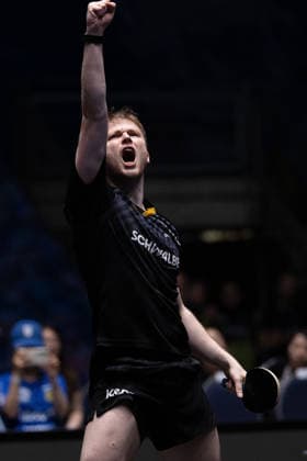 Benedikt Duda (GER, TTC Schwalbe Bergneustadt) in action, celebrates his victory over Dang Qiu (GER, Borussia Duesseldorf) during the semifinal matches Borussia Düsseldorf TTC Schwalbe of the Liebherr TTBL Final4 at the Süwag Energie ARENA on May 30, 2026, in Frankfurt, Germany Copyright: JoaquimxFerreira