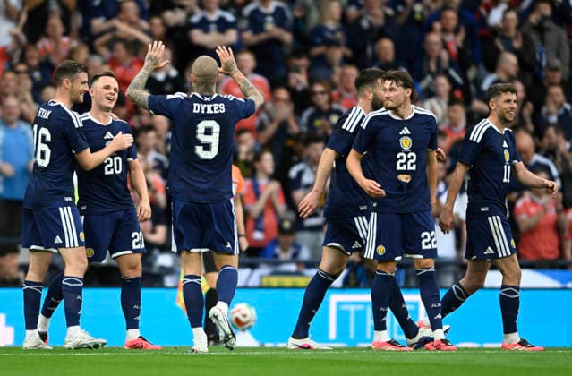 Glasgow, Scotland, 30th May 2026. Lawrence Shankland of Scotland celebrates his 2nd goal during the Scotland vs Curacao International Friendly, Länderspiel, Nationalmannschaft match at Hampden Park, Glasgow. Picture credit should read: Neil Hanna Sportimage EDITORIAL USE ONLY. No use with unauthorised audio, video, data, fixture lists, club league logos or live services. Online in-match use limited to 120 images, no video emulation. No use in betting, games or single club league player publications. SPI_109_NH_Scotland_Curacao SPI-4830-0109