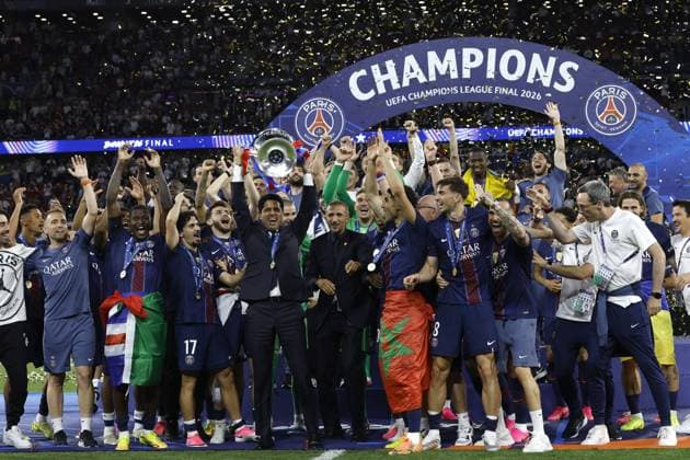 BUDAPEST - Paris Saint-Germain president Nasser Al-Khelaifi with the UEFA Champions League trophy, Coupe des clubs Champions Europeens after the UEFA Champions League final between Paris Saint-Germain and Arsenal FC at Puskas ArÃ na on May 30, 2026, Budapest, Hungary. MAURICE VAN STEEN ANP UEFA Champions League Final 2026 2025-2026 xVIxANPxSportx xMauricexvanxSteenxIVx 559697449 originalFilename: 559697449.jpg