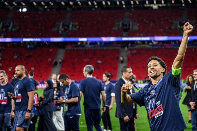 260530 Marquinhos of Paris Saint-Germain celebrates after the UEFA Champions League final match between Paris Saint-Germain and Arsenal on May 30, 2026 in Budapest. Photo: Maxim Thore BILDBYRAN kod MT MT1056 fotboll football soccer fotball uefa champions league champions league paris saint-germain arsenal bbeng jubel Copyright: MAXIMxTHORE BB260530MT245