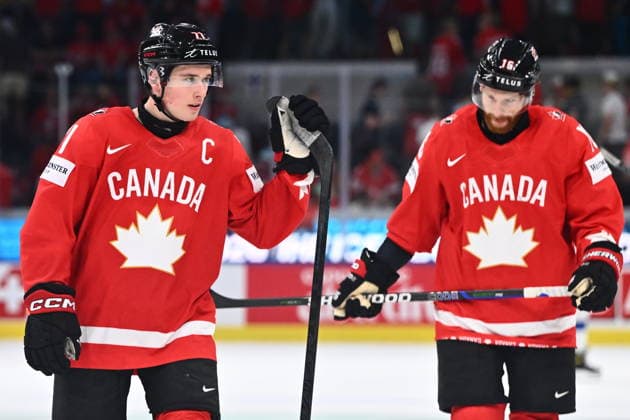 From left Macklin Celebrini and Connor Brown of Canada during the semifinal match Canada vs Finland at the 2026 IIHF Ice hockey, Eishockey World Championship, WM, Weltmeisterschaft on May 30, 2026, Zurich, Switzerland. (CTKxPhoto RadekxPetrasek) CTKPhotoP2026053005786  CTKPhotoP2026053005786
