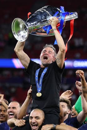 Luis Enrique head coach of PSG lifts the trophy as he celebrates with the players the victory of the 2025 2026 Champions League Final football match between Paris Saint Germain and Arsenal FC at Puskas Arena stadium in Budapest (Hungary), May 30th, 2026. CesarexPurini