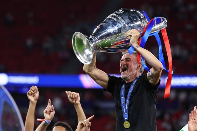 Luis Enrique head coach of PSG lifts the trophy as he celebrates with the players the victory of the 2025 2026 Champions League Final football match between Paris Saint Germain and Arsenal FC at Puskas Arena stadium in Budapest (Hungary), May 30th, 2026. CesarexPurini