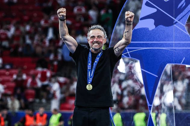 Fussball, UEFA Champions League Saison 2025 2026 Finale Paris Saint-Germain - FC Arsenal 30.05.2026, Puskas Arena Budapest Paris Saint-Germain ist Sieger der UEFA Champions League, Luis Enrique ( Trainer Cheftrainer Paris ) freut sich Budapest Puskas Arena Ungarn