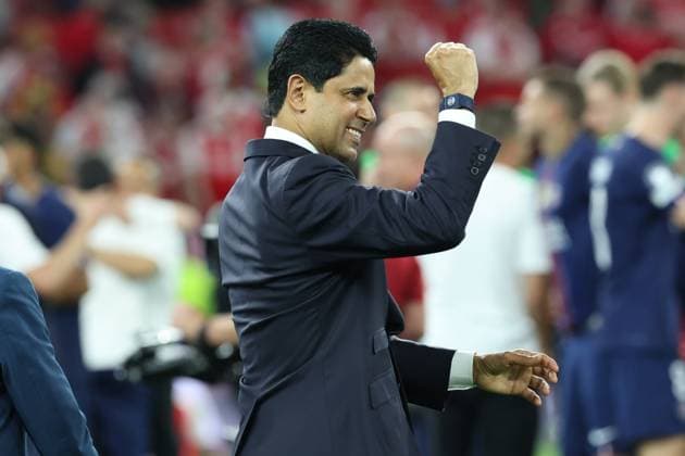 30.05.2026 - SOCCER - 2025-2026 UEFA Champions League final , Paris vs Arsenal Nasser Al-Khelaifi of Paris Saint-Germain receives congratulations and celebrates after winning the championship Budapest Puskas Arena ,Budapest Puskas Arena Hungary
