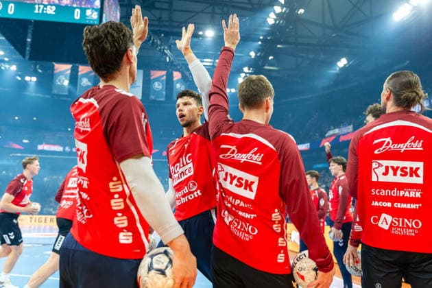 Marko Grgic (SG Flensburg-Handewitt) gestures during the handball semi-final of the the Winamax EHF Finals 2026 between MT Melsungen and SG Flensburg-Handewitt at Barclays Arena on May 30, 2026 in Hamburg, Germany. -