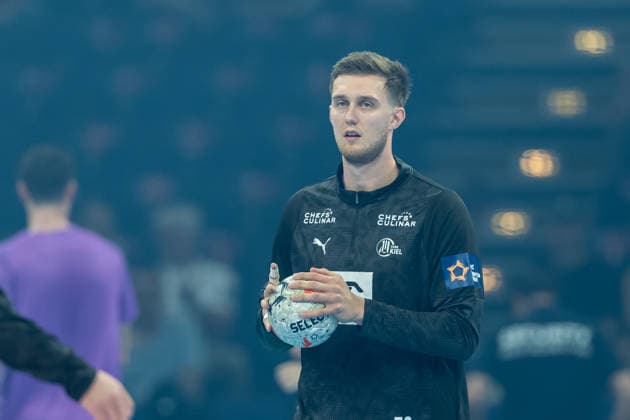 Nikola Bilyk (THW Kiel) looks on during the handball semi-final of the the Winamax EHF Finals 2026 between Montpellier Handball and THW Kiel at Barclays Arena on May 30, 2026 in Hamburg, Germany. -