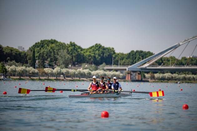 Seville, Spain. 30 May 2026. Rowers Jorge Knabe, Dennis Carracedo Ferrero, Pau Sanchez Batlle and Eric Pastor (Spain) ahead of the M4- Men s Coxless Four Semifinal 1 Race at the World Rowing Cup 1 2026 at CEAR La Cartuja. Copyright: xDavidxSarmientox xVWPicsx DSG-0855