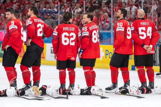 V.l.n.r. Damien Riat, Nino Niederreiter, Denis Malgin, Sven Andrighetto, Roman Josi, Christian Marti, SUI, Schweiz - Norwegen, Halbfinal, Eishockey WM, Zürich 30.05.2026