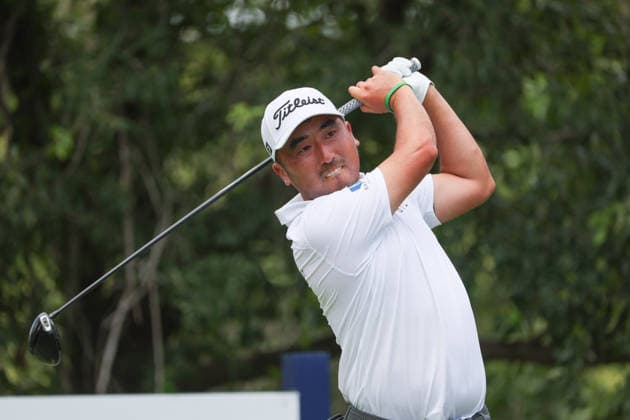 FORT WORTH, TX - MAY 30: Doug Ghim (USA) hits from the 9th tee during the third round of the Charles Schwab Challenge on May 30, 2026 at Colonial Country Club in Fort Worth, TX. (Photo by George Walker Icon Sportswire) GOLF: MAY 30 PGA, Golf Herren Charles Schwab Challenge EDITORIAL USE ONLY Icon26053044