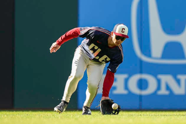 May 30, 2026: Cleveland Guardians left fielder Stuart Fairchild fields a ball hit to the outfield during the eighth inning of the Major League Baseball game between the Boston Red Sox and Cleveland Guardians at Progressive Field in Cleveland, Ohio. CSM Cleveland United States of America - ZUMAc04_ 20260530_zma_c04_044 Copyright: xBrianxFisherx