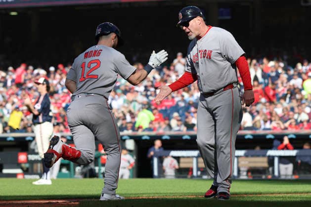 May 30, 2026: Boston Red Sox catcher Connor Wong (12) receives congratulations from Boston Red Sox third base coach Chad Epperson (81) after hitting a home run during the seventh inning of the Major League Baseball game between the Boston Red Sox and Cleveland Guardians at Progressive Field in Cleveland, Ohio. CSM Cleveland United States of America - ZUMAc04_ 20260530_zma_c04_037 Copyright: xBrianxFisherx