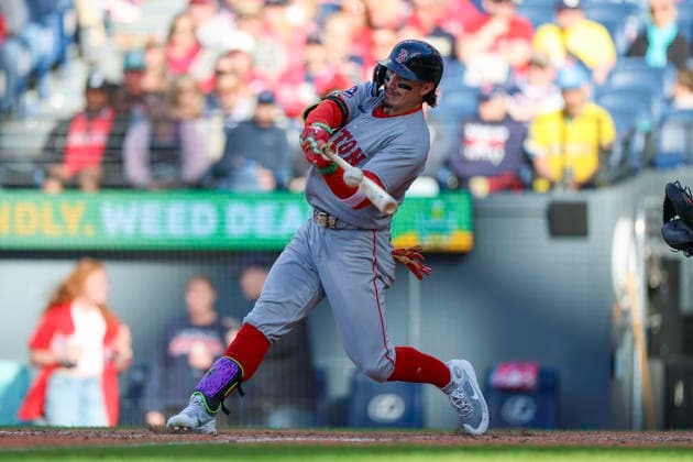 May 30, 2026: Boston Red Sox third baseman Caleb Durbin (5) hits a fly ball in the eighth inning of the Major League Baseball game between the Boston Red Sox and Cleveland Guardians at Progressive Field in Cleveland, Ohio. CSM Cleveland United States of America - ZUMAc04_ 20260530_zma_c04_029 Copyright: xBrianxFisherx