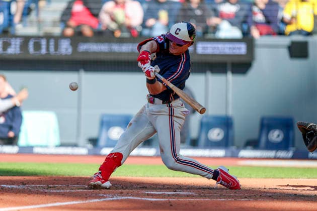 May 30, 2026: Cleveland Guardians second baseman Travis Bazzana (37) hits a ground out towards first base during the fifth inning of the Major League Baseball game between the Boston Red Sox and Cleveland Guardians at Progressive Field in Cleveland, Ohio. CSM Cleveland United States of America - ZUMAc04_ 20260530_zma_c04_025 Copyright: xBrianxFisherx