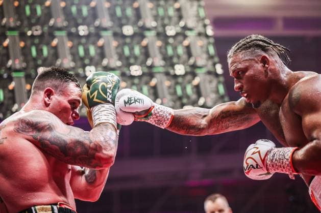 Belgian boxer Ryad Merhy pictured in action during the WBC world bridgerweight (super cruiserweight) championship boxing match between Belgian Merhy and South African Lerena, at the Charleroi boxing gala, Saturday 30 May 2026, in Charleroi. BRUNOxFAHY  x175506205x