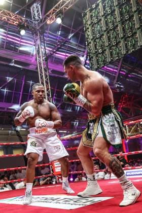 Belgian boxer Ryad Merhy pictured in action during the WBC world bridgerweight (super cruiserweight) championship boxing match between Belgian Merhy and South African Lerena, at the Charleroi boxing gala, Saturday 30 May 2026, in Charleroi. BRUNOxFAHY  x175506379x