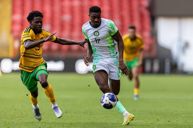 Jamaica v Nigeria, Unity Cup London 2026, Cup Final Nigeria forward Rafiu Durosinmi (17) battles for possession with Jamaica midfielder Kyle Ming (19) during the Unity Cup London 2026 match between Jamaica and Nigeria at The Valley, London, UK on 30 May 2026. London The Valley Greater London UK Editorial use only , Copyright: xManjitxNarotrax PSI-24353-0004