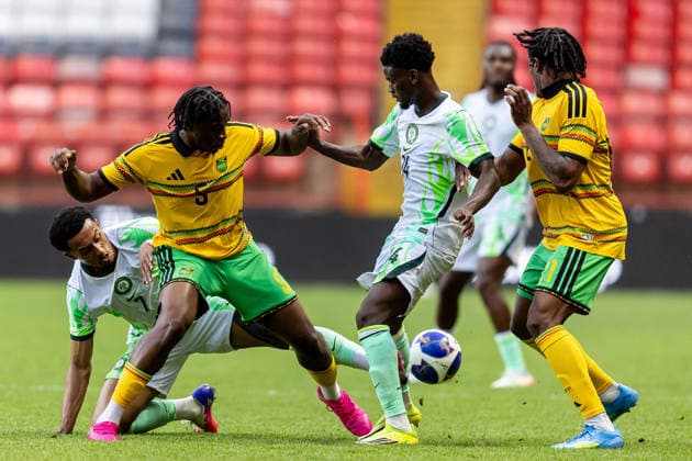 Jamaica v Nigeria, Unity Cup London 2026, Cup Final Jamaica midfielder Courtney Clarke (5) battles for possession with Nigeria forward Femi Azeez (7) during the Unity Cup London 2026 match between Jamaica and Nigeria at The Valley, London, UK on 30 May 2026. London The Valley Greater London UK Editorial use only , Copyright: xManjitxNarotrax PSI-24353-0012