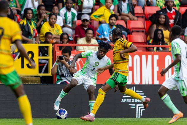 Jamaica v Nigeria, Unity Cup London 2026, Cup Final Nigeria defender Chibueze Oputa battles for possession during the Unity Cup London 2026 match between Jamaica and Nigeria at The Valley, London, UK on 30 May 2026. London The Valley Greater London UK Editorial use only , Copyright: xManjitxNarotrax PSI-24353-0021