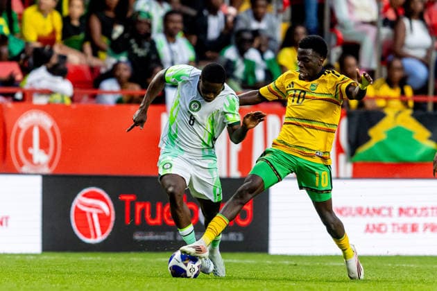 Jamaica v Nigeria, Unity Cup London 2026, Cup Final Nigeria midfielder Tochukwu Nnadi (8) tackled by Jamaica forward Kaheim Dixon (10) during the Unity Cup London 2026 match between Jamaica and Nigeria at The Valley, London, UK on 30 May 2026. London The Valley Greater London UK Editorial use only , Copyright: xManjitxNarotrax PSI-24353-0030