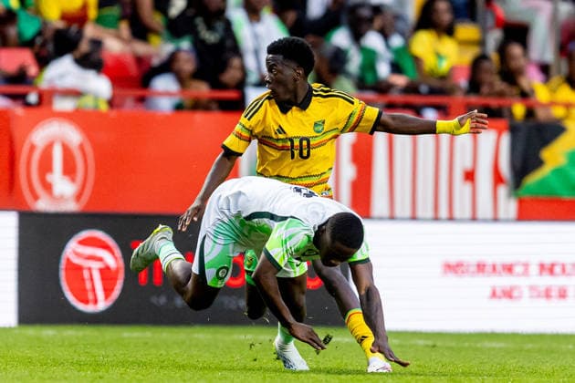 Jamaica v Nigeria, Unity Cup London 2026, Cup Final Nigeria midfielder Tochukwu Nnadi (8) tackled by Jamaica forward Kaheim Dixon (10) during the Unity Cup London 2026 match between Jamaica and Nigeria at The Valley, London, UK on 30 May 2026. London The Valley Greater London UK Editorial use only , Copyright: xManjitxNarotrax PSI-24353-0031
