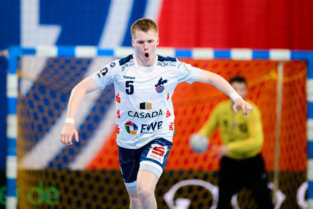 Bietigheim: HBL - 25 26 - SG BBM Bietigheim - VfL Potsdam Jan Grüner Gruener (Potsdam) Jubel Freude Emotion Torjubel Torschuetze Torschütze Bietigheim-Bissingen Egetrans Arena Baden-Württemberg Deutschland