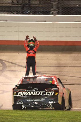 NASHVILLE, TN - MAY 30: Justin Allgaier ( 7 JR Motorsports BRANDT Precision Build Trademark Fertilizer Chevrolet) celebrates after winning the NASCAR, Motorsport, USA O Reilly Auto Parts Sports Illustrated Resorts 250 on May 30, 2026 at Nashville Superspeedway in Lebanon, TN. (Photo by Jeff Robinson Icon Sportswire) AUTO: MAY 30 NASCAR O™Reilly Auto Parts Series Sports Illustrated Resorts 250 EDITORIAL USE ONLY Icon26053017178250