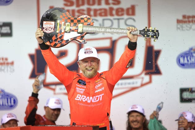 NASHVILLE, TN - MAY 30: Justin Allgaier ( 7 JR Motorsports BRANDT Precision Build Trademark Fertilizer Chevrolet) celebrates after winning the NASCAR, Motorsport, USA O Reilly Auto Parts Sports Illustrated Resorts 250 on May 30, 2026 at Nashville Superspeedway in Lebanon, TN. (Photo by Jeff Robinson Icon Sportswire) AUTO: MAY 30 NASCAR O™Reilly Auto Parts Series Sports Illustrated Resorts 250 EDITORIAL USE ONLY Icon26053017284250
