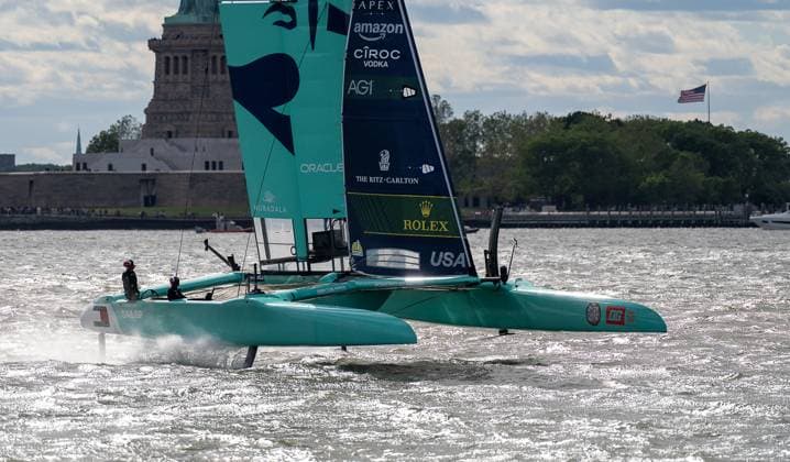 RECORD DATE NOT STATED Mubadala New York SailGP Kicks Off as Spain Takes Early Lead on Opening Day (SPO) Mubadala New York SailGP Kicks Off as Spain Takes Early Lead on Opening Day. May 30,2026, Governors Island, New York, USA: Team USA races across the Hudson River during the opening day of the Mubadala New York Sail Grand Prix on Saturday. Credit: Jorge Estrellado Thenews2(Foto: Jorge Estrellado Thenews2 imago images) SPO  Copyright: xJorgexEstrelladox