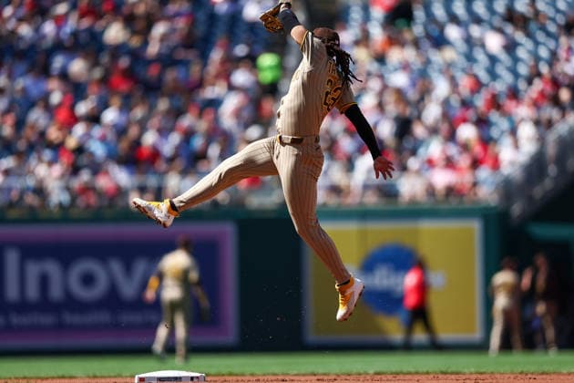 May 30, 2026, Washington D.C, District Of Columbia, United States: Washington, DC; San Diego Padres second baseman Fernando Tatis Jr. (23) leaps for a throw during the Major League Baseball game between the Washington Nationals and the San Diego Padres at Nationals Park on Saturday, May 30, 2026. The Nationals beat the Padres 9-4. Washington D.C United States - ZUMAp258 20260530_znp_p258_077 Copyright: xStevexPrakopex