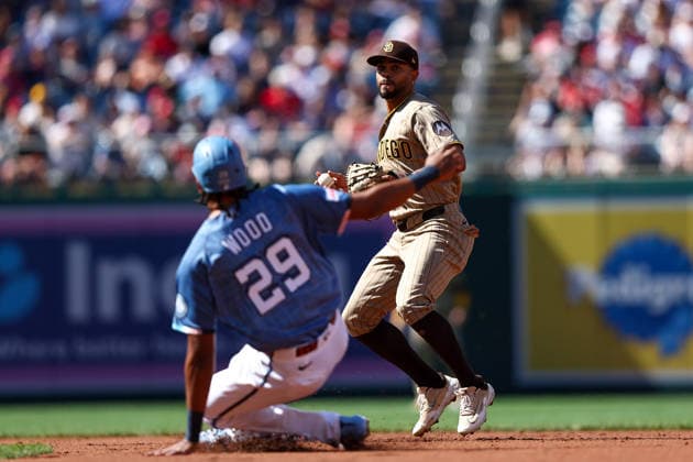 May 30, 2026, Washington D.C, District Of Columbia, United States: Washington, DC; San Diego Padres shortstop Xander Bogaerts (2) steps on second base to start a double play during the Major League Baseball game between the Washington Nationals and the San Diego Padres at Nationals Park on Saturday, May 30, 2026. The Nationals beat the Padres 9-4. Washington D.C United States - ZUMAp258 20260530_znp_p258_039 Copyright: xStevexPrakopex