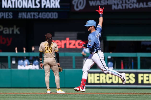 May 30, 2026, Washington D.C, District Of Columbia, United States: Washington, DC; Washington Nationals catcher Drew Millas (14) gestures after hitting a home run during the Major League Baseball game between the Washington Nationals and the San Diego Padres at Nationals Park on Saturday, May 30, 2026. The Nationals beat the Padres 9-4. Washington D.C United States - ZUMAp258 20260530_znp_p258_044 Copyright: xStevexPrakopex
