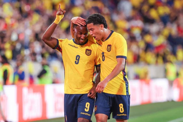 HARRISON, NJ - MAY 30: John Yeboah 9 of Ecuador and Anthony Valencia 8 of Ecuador celebrate a goal deflected by Jackson Porozo 25 of Ecuador (not pictured) during a game between the Ecuador and Saudi Arabia in a game prior to the World Cup at Sports Illustrated Stadium on May 30, 2026 in Harrison, New Jersey. (Photo by Andrew Mordzynski Icon Sportswire) SOCCER: MAY 30 Ecuador vs Saudi Arabia EDITORIAL USE ONLY Icon2605307914272