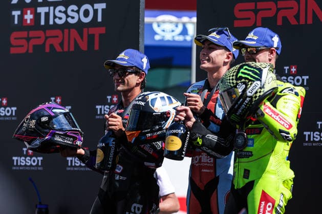 May 30, 2026, Scarperia E San Piero, Firenze, Italy: (L--R) Jorge Martin of Spain and Aprilia Racing celebrate the second place in Sprint Race with Raul Fernandez of Spain and Trackhouse MotoGP Team celebrate the victory in Sprint Race and Fabio Di Giannantonio of Italy and Pertamina Enduro VR46 Racing Team celebrate the third place in Sprint Race during MotoGP GP7 Brembo Grand Prix of Italy - Sprint Race Podium at Mugello Circuit. Scarperia E San Piero Italy - ZUMAs197 20260530_aaa_s197_191 Copyright: xFabrizioxCarabellix