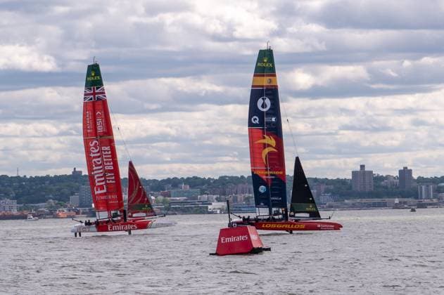 RECORD DATE NOT STATED 2026 Rolex SailGP Championship Mubadala New York Sail Grand Prix (NEW) 2026 Rolex SailGP Championship Mubadala New York Sail Grand Prix. May 30, 2026, New York, New York, USA: (L-R) Team Emirates GBR SailGP boat follows team Spain Los Gallos SailGP boat in Race 2 during Day 1 of the Mubadala New York Sail Grand Prix at New York Harbor on May 30, 2026 in New York City. (Credit: M10s TheNews2)(Foto: M10S Thenews2 imago images) SPO  Copyright: xM10sx