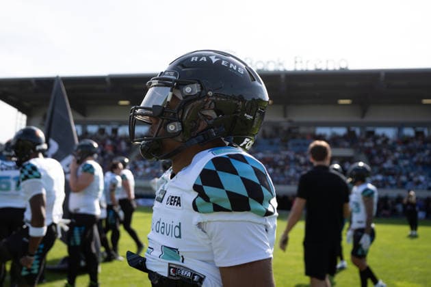 30.05.2026, xhfmx, American Football EFA European Football Alliance, Frankfurt Galaxy - Munich Ravens Einlauf Munich Ravens, Bijon Harris (Munich Ravens, 21) (DFL DFB REGULATIONS PROHIBIT ANY USE OF PHOTOGRAPHS as IMAGE SEQUENCES and or QUASI-VIDEO) Frankfurt am Main