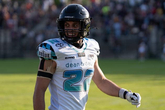 30.05.2026, xhfmx, American Football EFA European Football Alliance, Frankfurt Galaxy - Munich Ravens Marcos Schlabitz (Munich Ravens, 22) bejubelt einen Touchdown (DFL DFB REGULATIONS PROHIBIT ANY USE OF PHOTOGRAPHS as IMAGE SEQUENCES and or QUASI-VIDEO) Frankfurt am Main