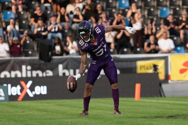 30.05.2026, xhfmx, American Football EFA European Football Alliance, Frankfurt Galaxy - Munich Ravens Brevin Easton (Frankfurt Galaxy, 81) bejubelt einen Touchdown (DFL DFB REGULATIONS PROHIBIT ANY USE OF PHOTOGRAPHS as IMAGE SEQUENCES and or QUASI-VIDEO) Frankfurt am Main