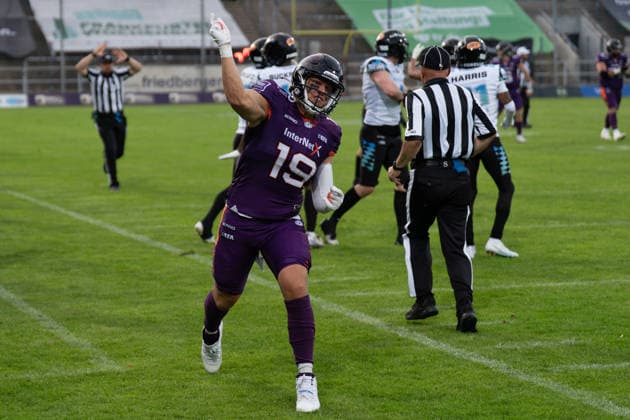 30.05.2026, xhfmx, American Football EFA European Football Alliance, Frankfurt Galaxy - Munich Ravens Nico Strahmann (Frankfurt Galaxy, 19) jubelt (DFL DFB REGULATIONS PROHIBIT ANY USE OF PHOTOGRAPHS as IMAGE SEQUENCES and or QUASI-VIDEO) Frankfurt am Main