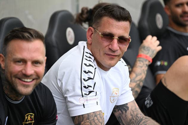 30.05.2026, xsvx, Fussball Langholz Cup 2026, v.l. Rapper Musiker Kontra K Rapper Musiker Gzuz 187 Strassenbande Kristoffer Jonas Klauß Klauss Wiesbaden