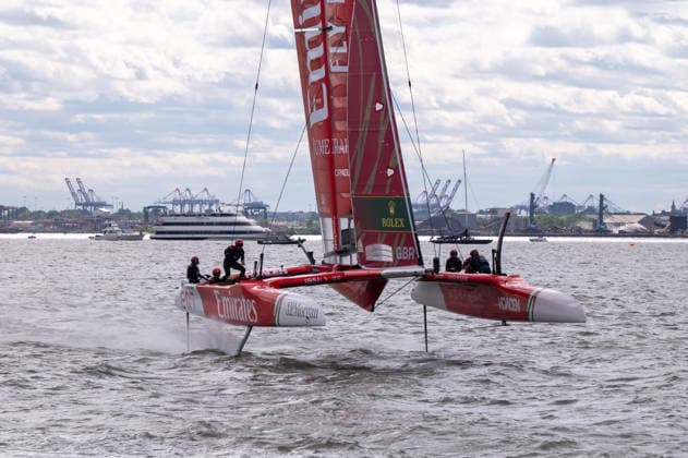 May 30, 2026, New York, United States: Team Emirates GBR SailGP boat makes a practice laps during Day 1 of the Mubadala New York Sail Grand Prix at New York Harbor in New York City. New York United States - ZUMAs197 0857963758st Copyright: xRonxAdarx