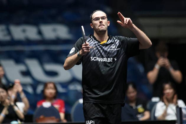 Leo de Nodrest (TTC Schwalbe Bergneustadt) gewinnt das Spiel mit 3:2 gegen Kanak Jha (Borussia Duesseldorf) GER Frankfurt TTBL Liebherr Finale Four TTC Schwalbe Bergneustadt vs. Borussia Düsseldorf, Tischtennis Suewag Energie Arena 30.05.2026. GER Frankfurt TTBL Liebherr Finale Four Tischtennis Suewag Energie Arena Deutsche Meiterschaft 30.05.2026. Frankfurt Copyright: xEibner-Pressefoto JoergxHirschx EP_JHH