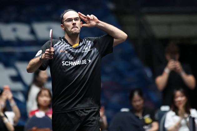 Leo de Nodrest (TTC Schwalbe Bergneustadt) gewinnt das Spiel mit 3:2 gegen Kanak Jha (Borussia Duesseldorf) GER Frankfurt TTBL Liebherr Finale Four TTC Schwalbe Bergneustadt vs. Borussia Düsseldorf, Tischtennis Suewag Energie Arena 30.05.2026. GER Frankfurt TTBL Liebherr Finale Four Tischtennis Suewag Energie Arena Deutsche Meiterschaft 30.05.2026. Frankfurt Copyright: xEibner-Pressefoto JoergxHirschx EP_JHH