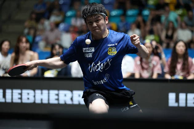 Fan Zhendong (FC Saarbrücken-TT) beim Topspinduell. GER Frankfurt TTBL Liebherr Finale Four FC Saarbruecken vs. SV Werder Bremen, Tischtennis Suewag Energie Arena 30.05.2026. GER Frankfurt TTBL Liebherr Finale Four Tischtennis Suewag Energie Arena FC Saarbruecken vs. SV Werder Bremen Deutsche Meiterschaft 30.05.2026. Frankfurt Copyright: xEibner-Pressefoto JoergxHirschx EP_JHH