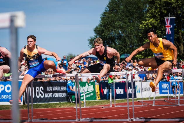 51. Hypomeeting, Goetzis (AT), 31.05.2026 GOETZIS, SWITZERLAND - MAY 31: left to right: Heath BALDWIN of the USA, Finley GAIO, Yuma MARUYAMA of Japan of Switzerland competes in the 110 m hurdles of the mens decathlon at the 51. Hypomeeting, Goetzis (AT) on May 31, 2026 in Goetzis, Switzerland. Copyright: xBEAUTIFULxSPORTS UlfxSchillerx