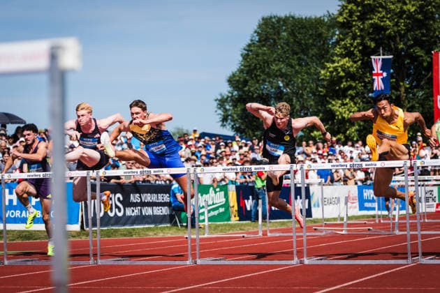 51. Hypomeeting, Goetzis (AT), 31.05.2026 GOETZIS, SWITZERLAND - MAY 31: left to right: Tomas JAERVINEN of Czechia, Heath BALDWIN of the USA, Finley GAIO, Yuma MARUYAMA of Japan of Switzerland competes in the 110 m hurdles of the mens decathlon at the 51. Hypomeeting, Goetzis (AT) on May 31, 2026 in Goetzis, Switzerland. Copyright: xBEAUTIFULxSPORTS UlfxSchillerx