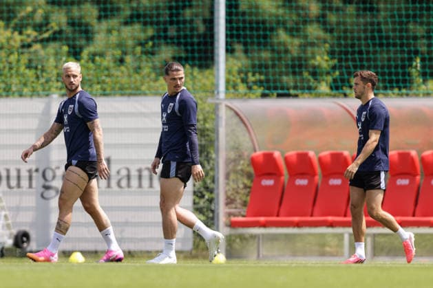 SOCCER - AUT vs TUN, test match VIENNA,AUSTRIA,31.MAY.26 - SOCCER - OEFB international test match, Austria vs Tunisia, preview, training team AUT. Image shows Marko Arnautovic, Marcel Sabitzer and Christoph Baumgartner (AUT).  GEPAxpictures xArminxRauthner